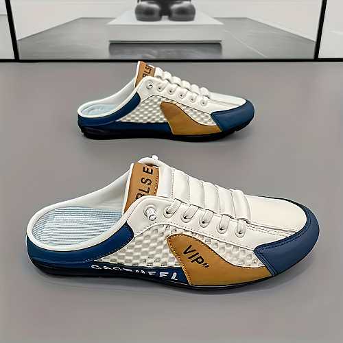 men'  slip-on casual sneakers - anti-slip, durable sports sandals with breathable fabric lining, pu upper in navy/white/beige -   indoor, vacation & casual attire, indoor sneakers | sporty casual shoes |   design - sports & outdoors - Temu Nigeria